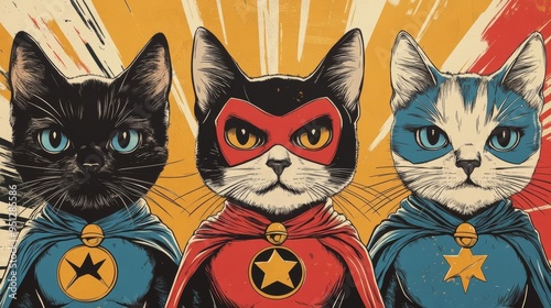 Three superhero cats don colorful capes, exuding charm and bravery in a vibrant comic-style illustration. photo