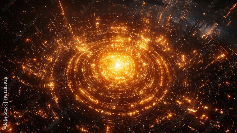 Obraz premium A city glowing with golden lights from an aerial view, featuring a circular design with intricate details, and a bright center illuminating the urban landscape.