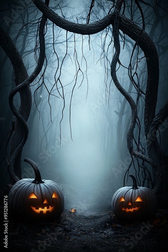 A creepy, fog-filled forest with glowing pumpkins and twisted tree branches, where shadows move mysteriously, perfect for a Halloween fantasy setting with significant copy space. photo