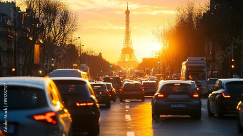 Golden Evening in Paris with Eiffel Tower and Heavy Traffic on City Street