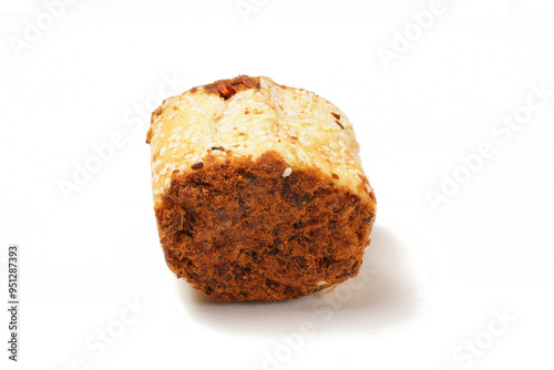 A soft and savory rolled bread topped with shredded beef or chicken floss (floss roll bread), photographed against a white background. Perfect as a snack.