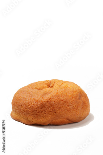 A soft coffee bun with a crispy, brown coffee-flavored topping and butter filling, photographed against a white background. Perfect as a snack.