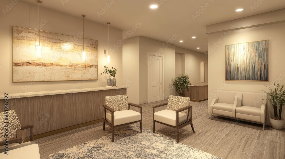 Fototapeta premium A cozy, modern doctor's office waiting area with warm lighting, comfortable seating, and soothing decor, designed with patient comfort in mind.