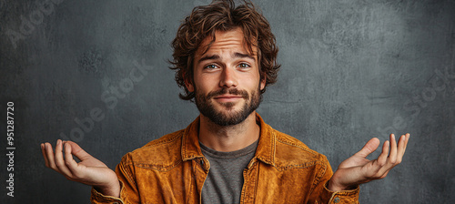 A portrait of a man shrugging his shoulders with a confused and indifferent expression, conveying uncertainty and disbelief