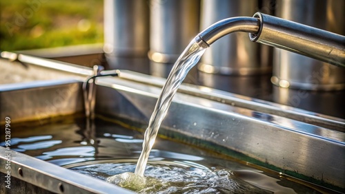 A slender stream of liquid flows gently from a tapered spout, pouring smoothly into a container with deliberate precision. photo