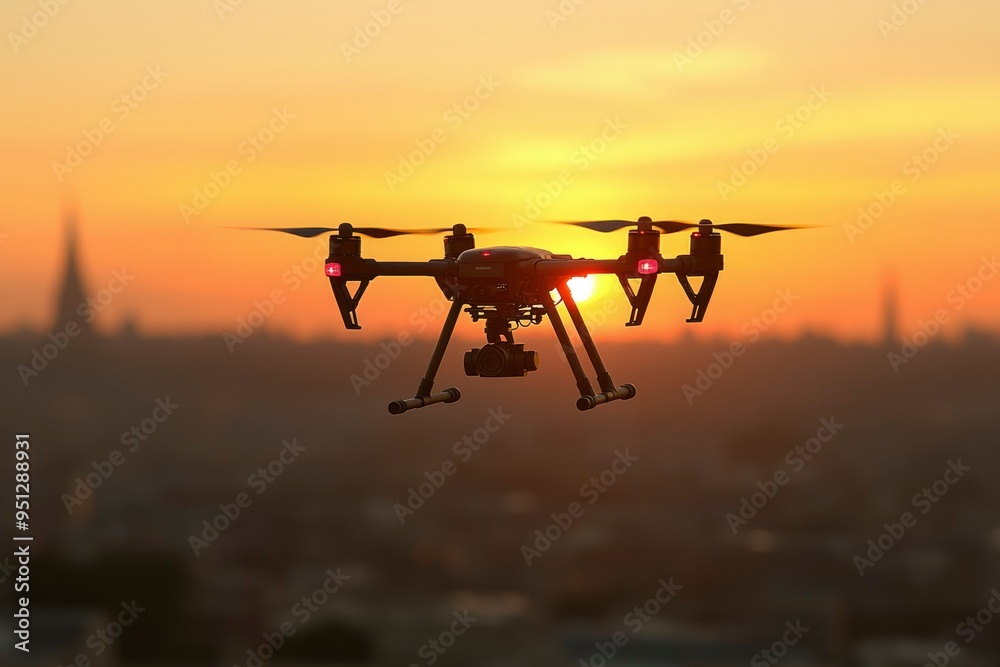 Drone flying in the sky against sunset with a city in the background Drone flying in the sky against sunset with a city in the background