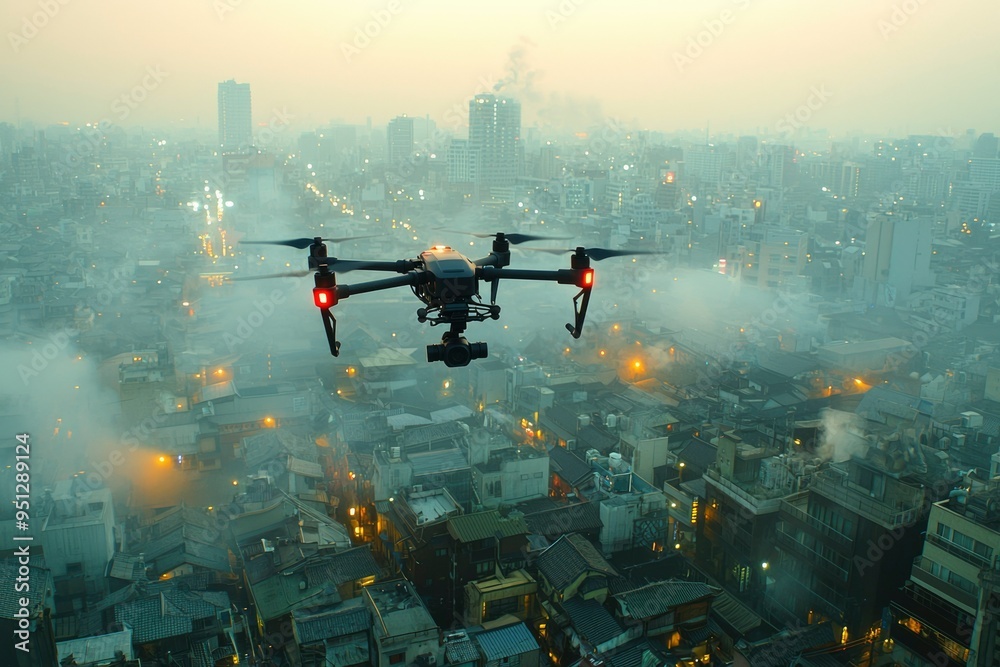 Drone Flying Over Foggy Cityscape with Lights Drone Flying Over Foggy Cityscape with Lights