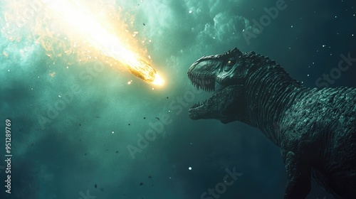 Fototapeta Naklejka Na Ścianę i Meble -  A giant dinosaur roars at a fiery meteor streaking through the night sky.