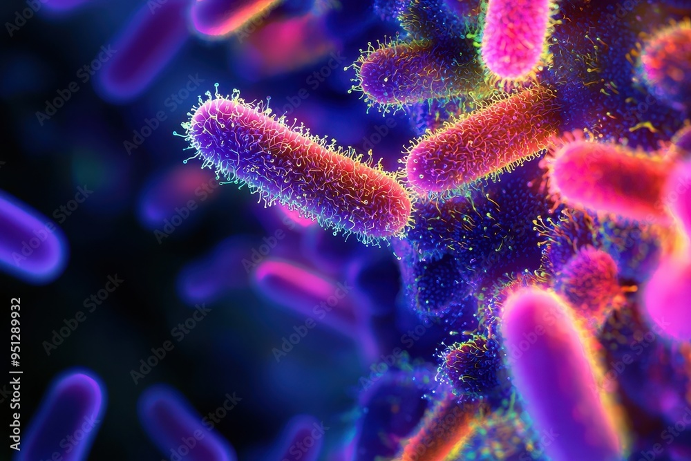 Naklejka premium Biological Complexity and Structure Revealed in Glowing Microorganisms on Dark Gradient Background for Science Concepts. Ample Text Space