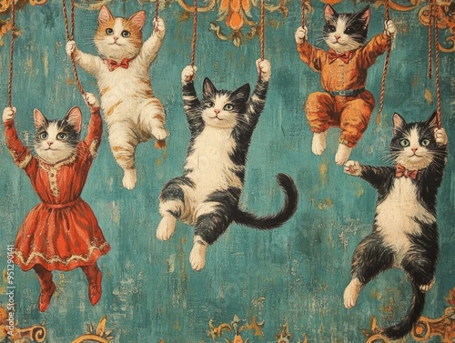 Whimsical vintage artwork featuring playful cats in costumes, suspended in a circus-like scene with vibrant colors.