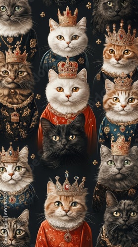 A majestic collection of cats dressed in royal attire, showcasing their elegance and charm against a dark background.