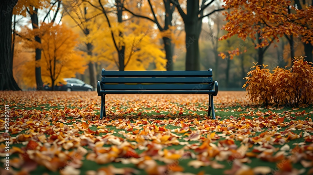 Lone bench in park with fallen autumn leaves Lone bench in park with fallen autumn leaves