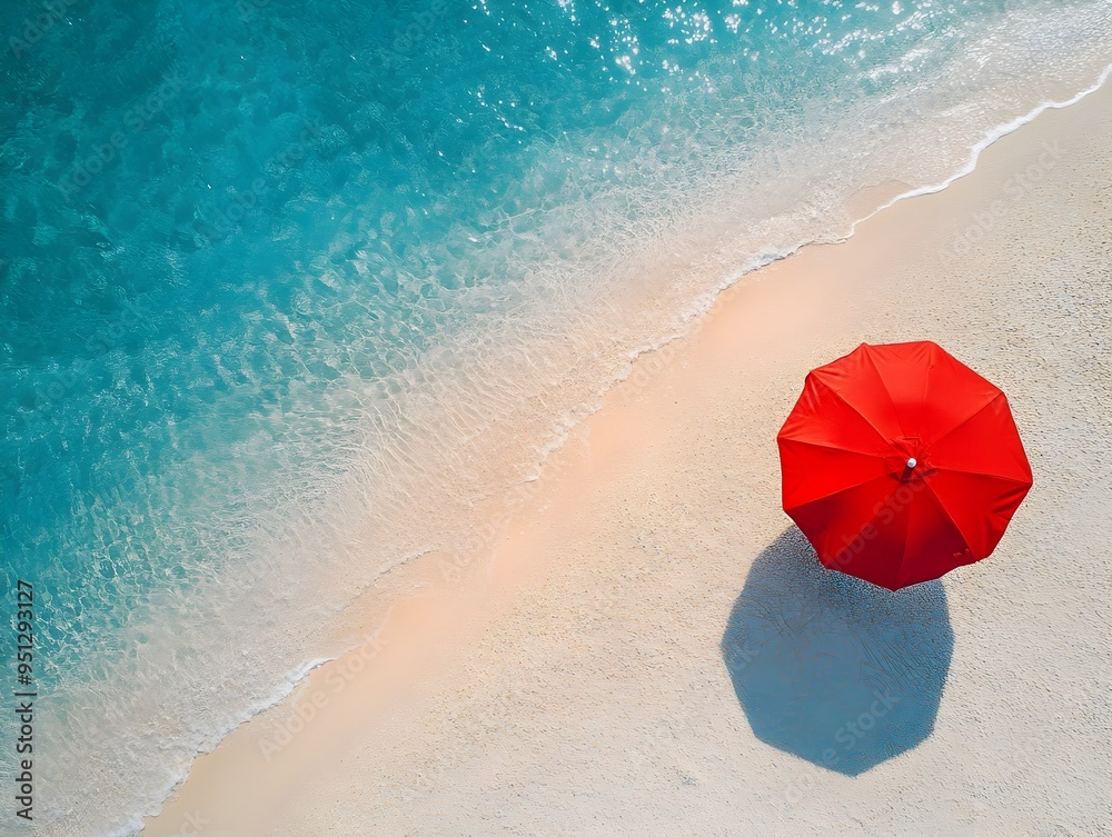Naklejka premium Minimalist Aerial View of Iconic Red Umbrella on Tranquil Summer Beach