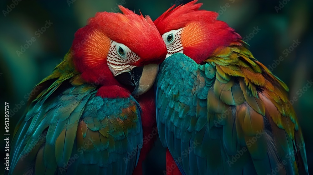 Obraz premium Two colorful parrots sitting closely together tenderly preening and grooming each other s feathers in a display of affection and companionship within their natural habitat