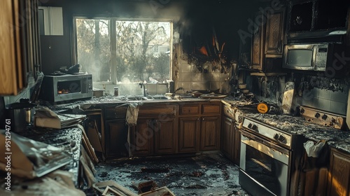 A kitchen scene showing the aftermath of a fire, with soot-covered surfaces and damaged appliances, emphasizing fire safety awareness.