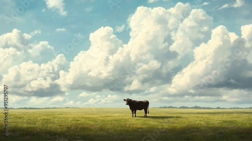 A lone cow stands in an empty green field under a sky filled with beautiful clouds, creating a serene rural landscape. photo