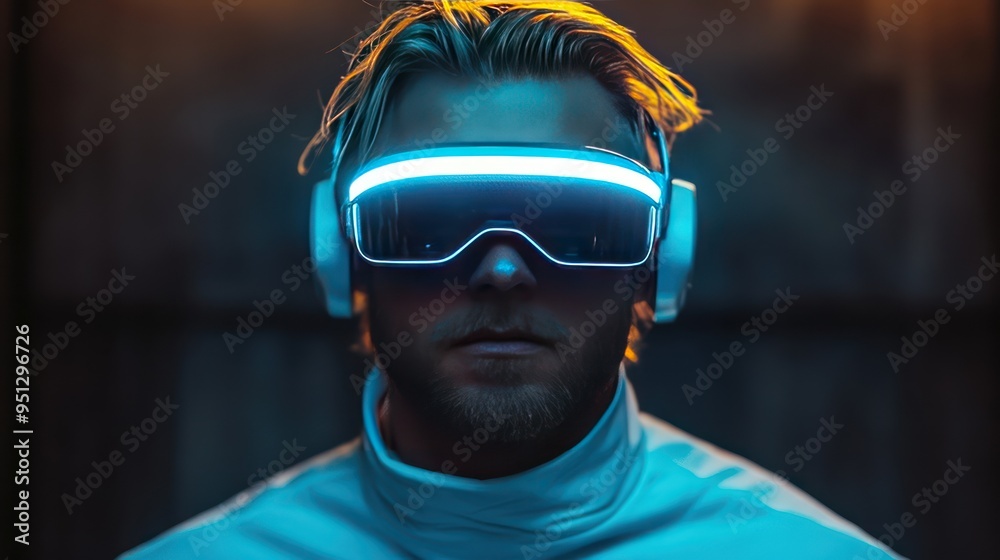 A blonde man wearing a futuristic gaming visor that covers only his eyes A blonde man wearing a futuristic gaming visor that covers only his eyes