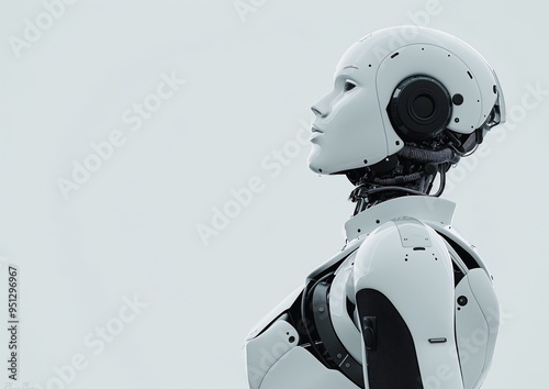 3D render of a white robot looking to the side, standing in profile on a light grey background. The shot is taken from a low angle, showing the full body of the robot photo