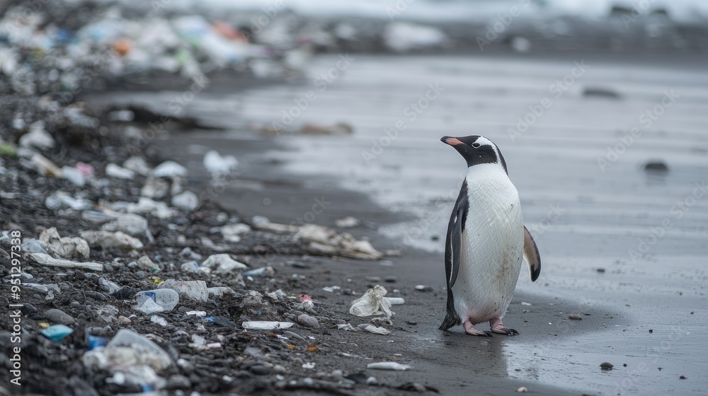 Fototapeta premium A lone penguin on a trash-covered beach, symbolizing the environmental challenges of pollution and habitat loss.