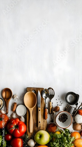Cooking Class Advertisement with Assorted Kitchen Utensils and Seasonal Produce on Rustic Wood Table