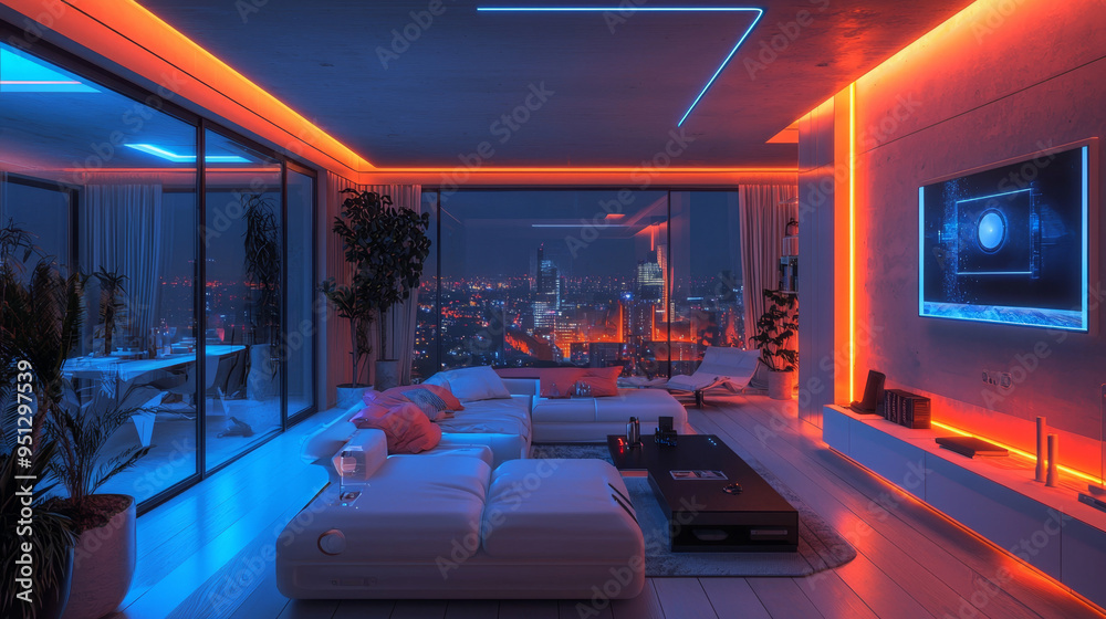 Modern Living Room with Neon Lights Modern Living Room with Neon Lights