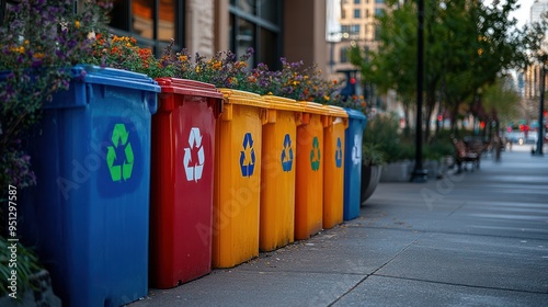 A set of empty recycling bins with different colored recycling symbols