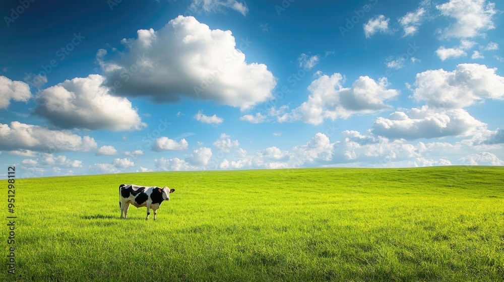 A lonely cow in a green field under a sky with beautiful clouds, offering a peaceful and quiet countryside scene. A lonely cow in a green field under a sky with beautiful clouds, offering a peaceful and quiet countryside scene.