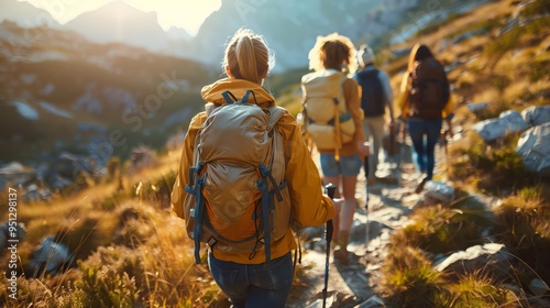 Group of friends hiking on a scenic mountain trail, experiencing the thrill of travel and holiday adventure, isolated on white background with ample copy space