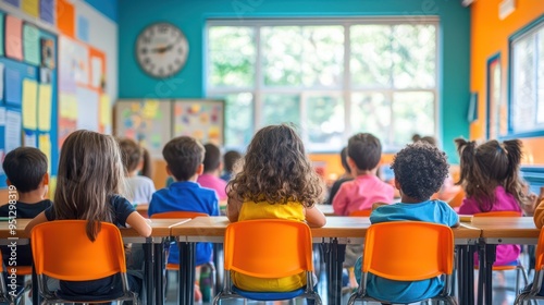 A vibrant elementary school classroom with students 