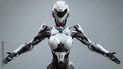 3D render of an attractive female robot with a human face, wearing stylish white and black color body armor with red details on the chest