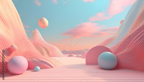 Smooth, undulating hills and floating spheres create a dreamlike atmosphere. The soft colors evoke feelings of tranquility and wonder.