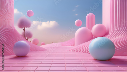 Smooth, undulating hills and floating spheres create a dreamlike atmosphere. The soft colors evoke feelings of tranquility and wonder.