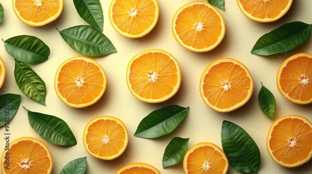 An artistic flat lay seamless pattern featuring evenly sliced oranges and vibrant green leaves An artistic flat lay seamless pattern featuring evenly sliced oranges and vibrant green leaves
