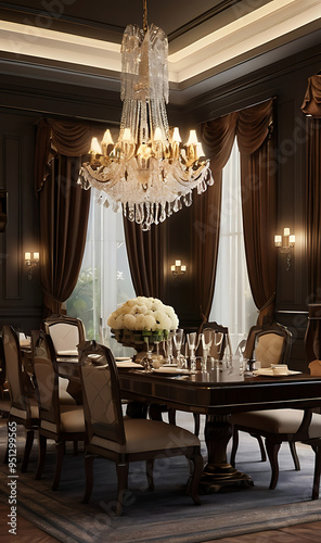 A luxurious, traditional dining room with a grand chandelier, dark wood furniture, and rich, opulent drapes, creating an elegant and formal setting for special occasions and gatherings.