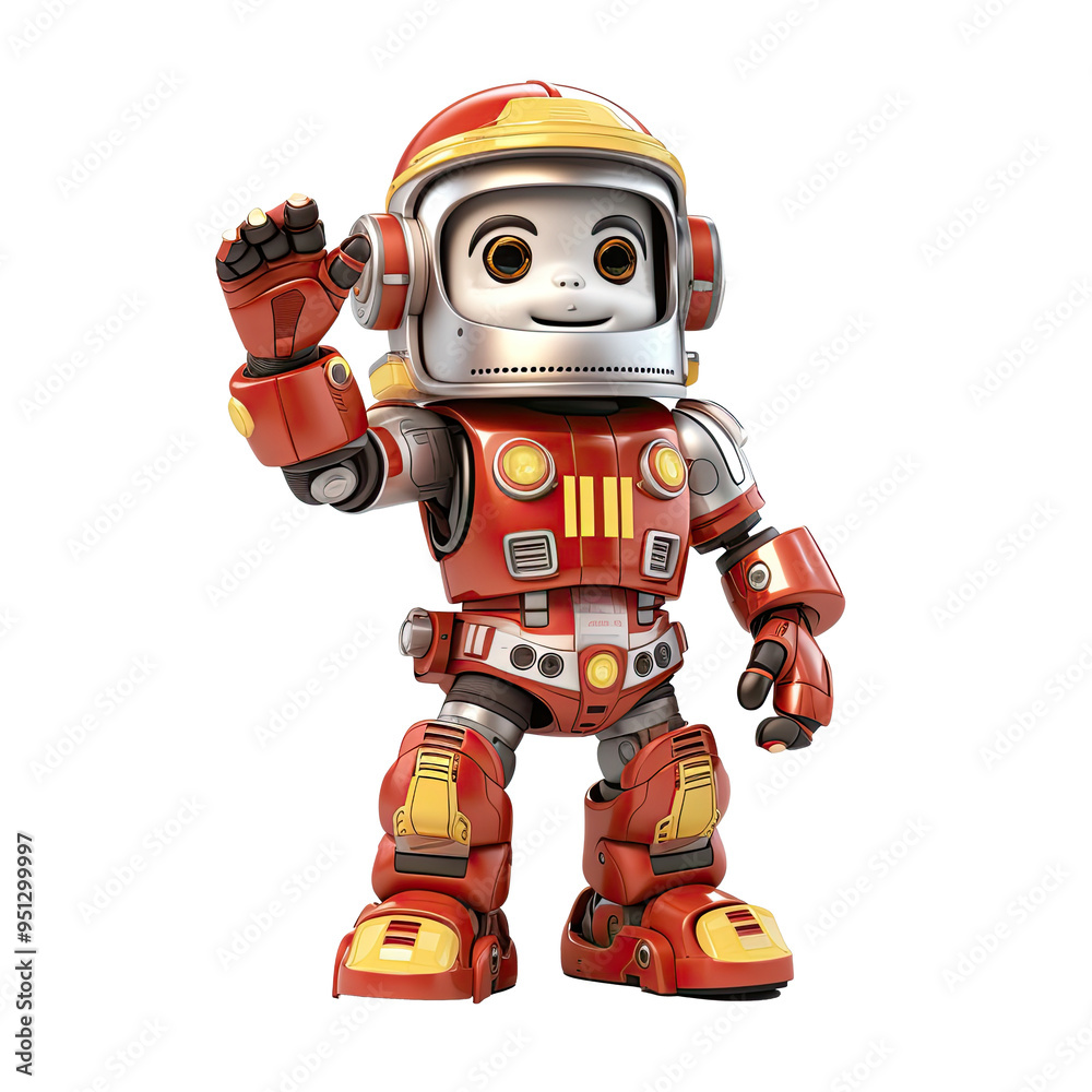An illustration of a robot firefighter with its hand raised in a greeting gesture