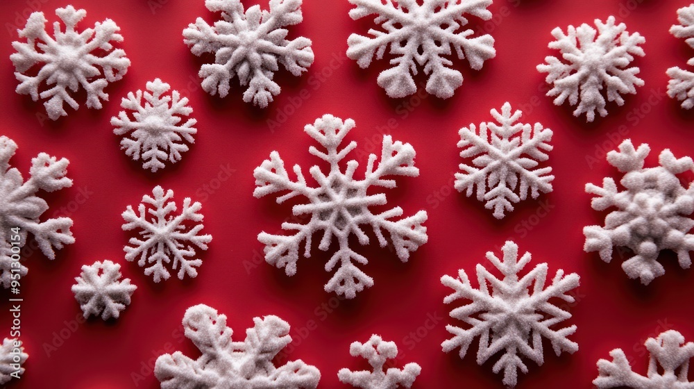 Close-up of intricate snowflake patterns on a red background