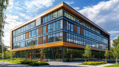 Modern glass facade office building with blue sky in urban city