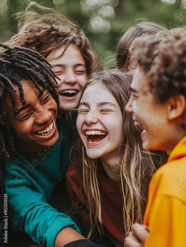 A lively bunch of teens share joyful moments in a vibrant green space, embodying the spirit of camaraderie and adventure in their youth.