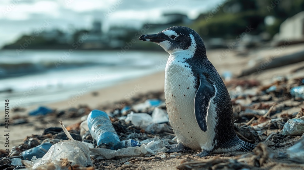 Fototapeta premium A penguin faces the harsh reality of beach pollution, with garbage scattered around, reflecting the environmental crisis.