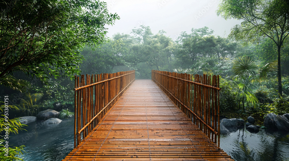 Obraz premium Wooden Path through Misty Rainforest