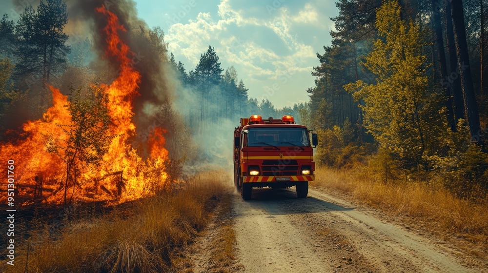 fire truck along the road in action fire truck along the road in action