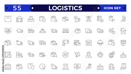 Logistics outline icon. Delivery service outline icon set. Containing order tracking, delivery home, warehouse, truck, scooter, courier Sea Air, Date, Return Search Parcel,  and cargo icons.
