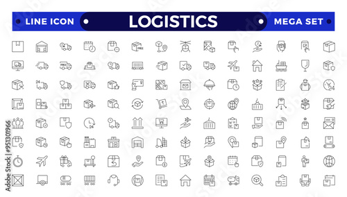 Logistics outline icon. Delivery service outline icon set. Containing order tracking, delivery home, warehouse, truck, scooter, courier Sea Air, Date, Return Search Parcel,  and cargo icons.