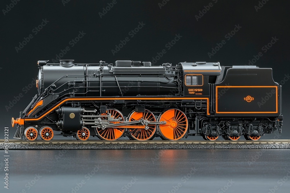 Obraz premium Black and Orange Model Train Locomotive on Tracks