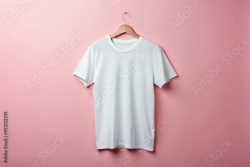 A trendy, minimalist mockup of a blank white t-shirt against a pastel pink background, perfect for showcasing custom designs on social media platforms. photo