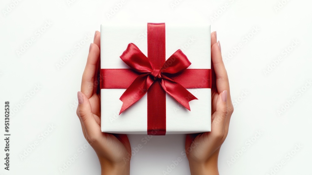 Hands holding white gift box with red ribbon