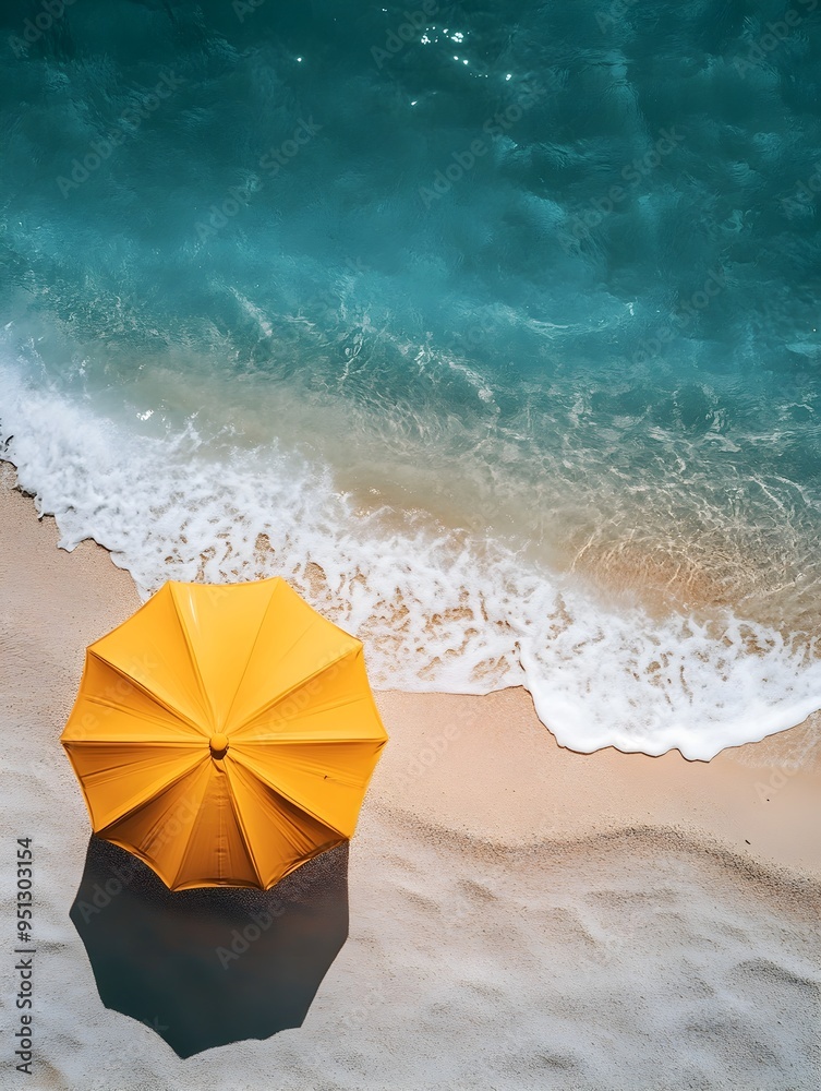 Fototapeta premium Aerial View of Lonely Sun Umbrella on Tranquil Summer Beach with Azure Blue Ocean