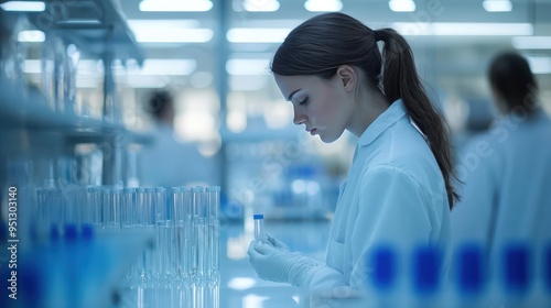 laboratory worker in white coat against blurred background of laboratory