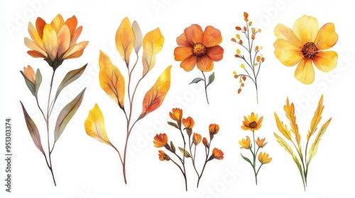 Set of watercolor illustrations of yellow and orange autume flowers on white background photo