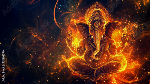 Lord ganesha meditating in a fire galaxy background, a spiritual illustration for  ganesh chaturthi